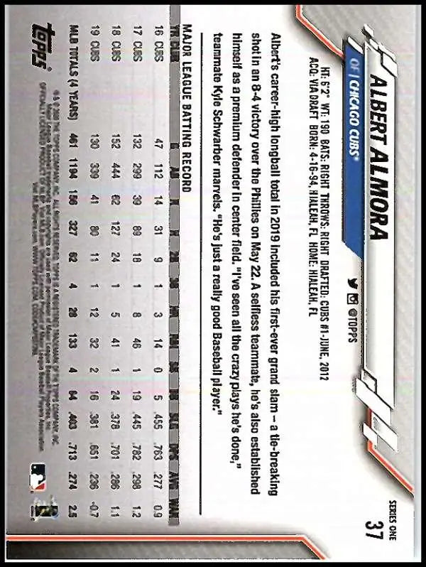 2020 Topps #37 Albert Almora NM-MT Chicago Cubs Baseball Card - Baseball Card Single