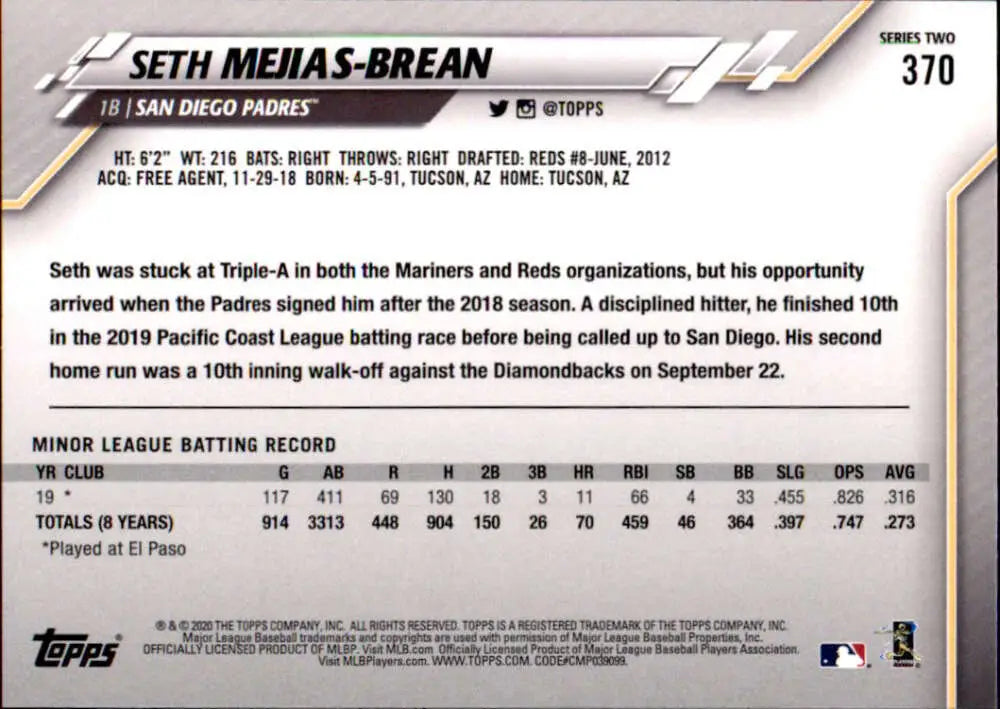 2020 Topps #370 Seth Mejias-Brean NM-MT RC Rookie San Diego Padres Baseball Card - Baseball Card Single