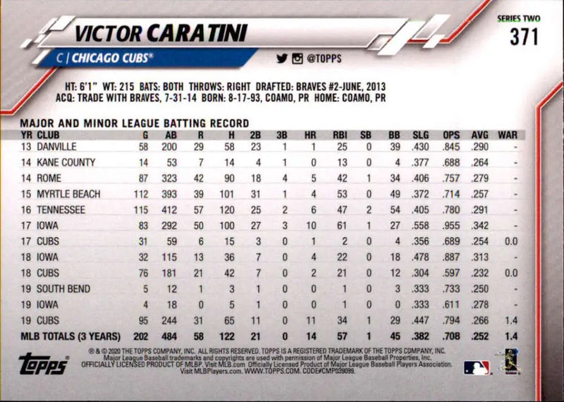 2020 Topps #371 Victor Caratini NM-MT Chicago Cubs Baseball Card - Baseball Card Single