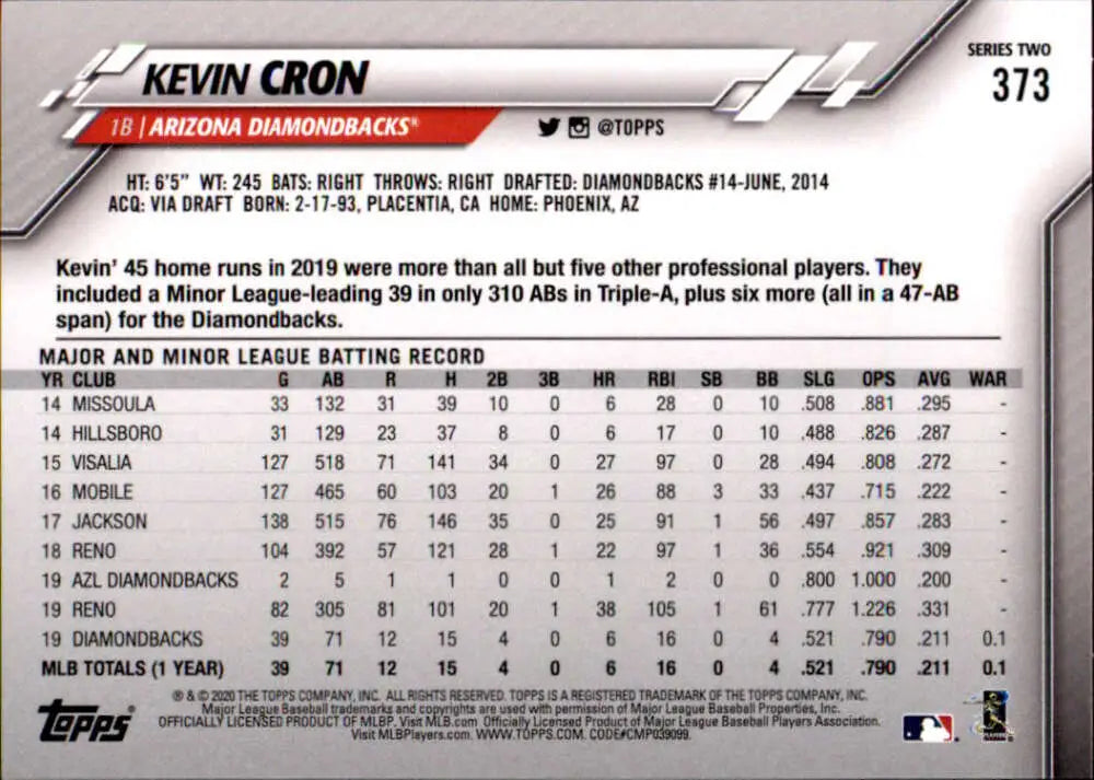 2020 Topps #373 Kevin Cron NM-MT Arizona Diamondbacks Baseball Card - Baseball Card Single