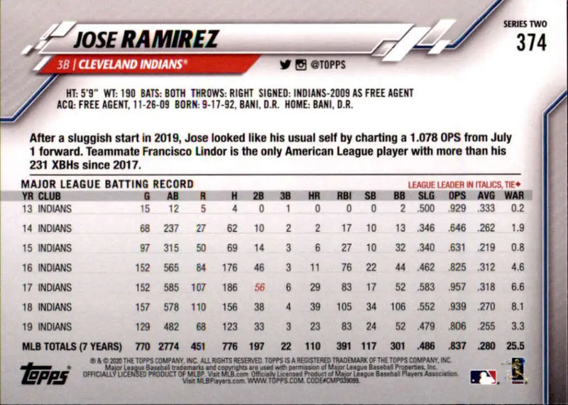 2020 Topps #374 Jose Ramirez NM-MT Cleveland Indians Baseball Card - Baseball Card Single