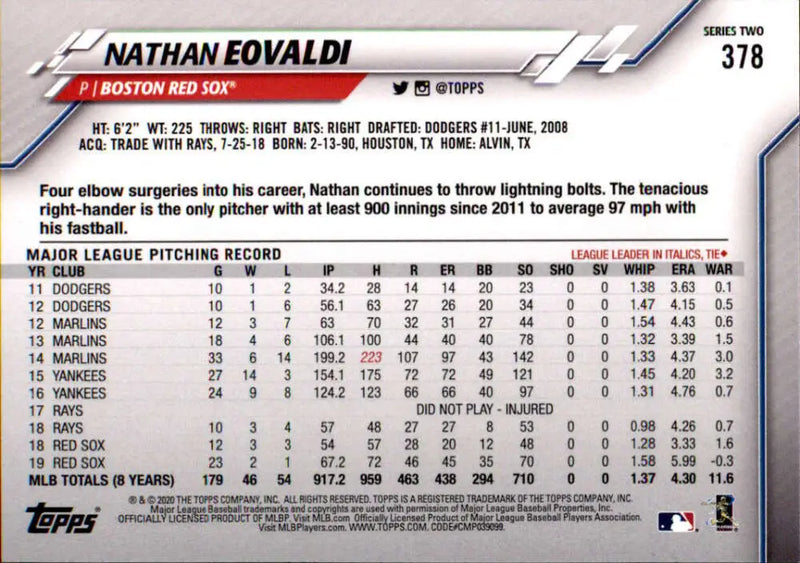 2020 Topps #378 Nathan Eovaldi NM-MT Boston Red Sox Baseball Card - Baseball Card Single