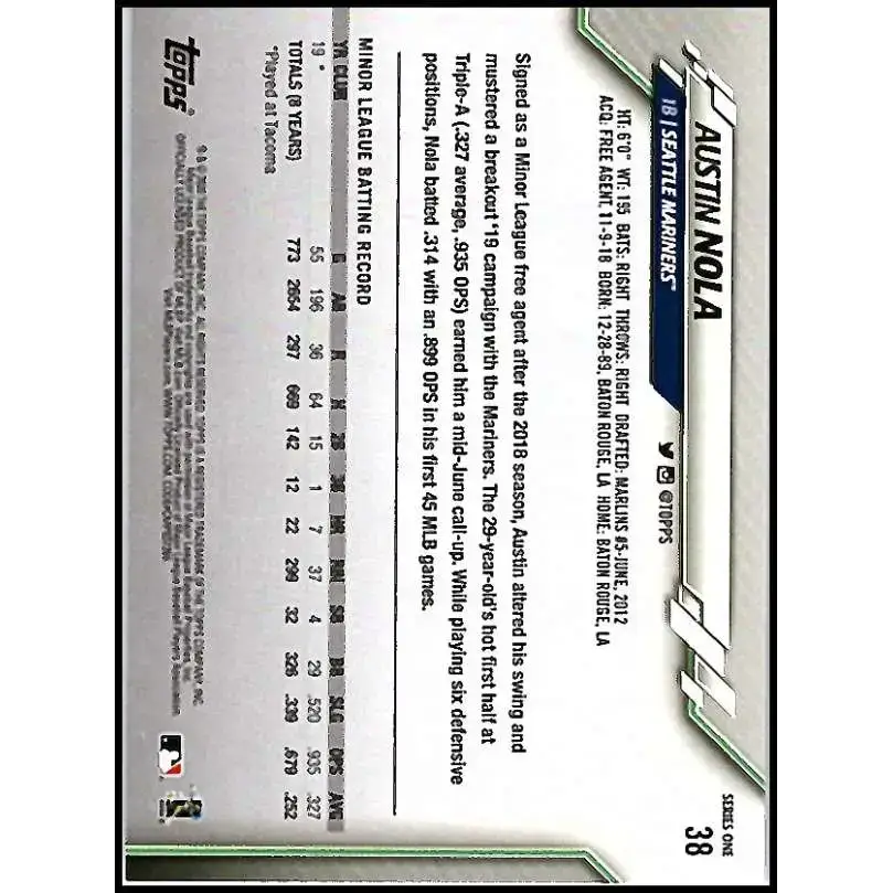 2020 Topps #38 Austin Nola NM-MT RC Rookie Seattle Mariners Baseball Card - Baseball Card Single