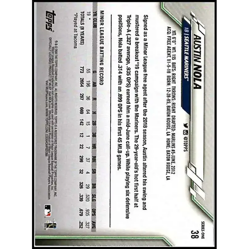 2020 Topps #38 Austin Nola NM-MT RC Rookie Seattle Mariners Baseball Card - Baseball Card Single