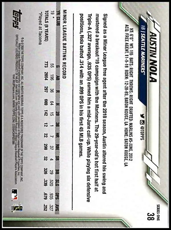 2020 Topps #38 Austin Nola NM-MT RC Rookie Seattle Mariners Baseball Card - Baseball Card Single