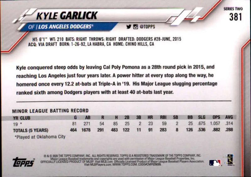 2020 Topps #381 Kyle Garlick NM-MT RC Rookie Los Angeles Dodgers Baseball Card - Baseball Card Single