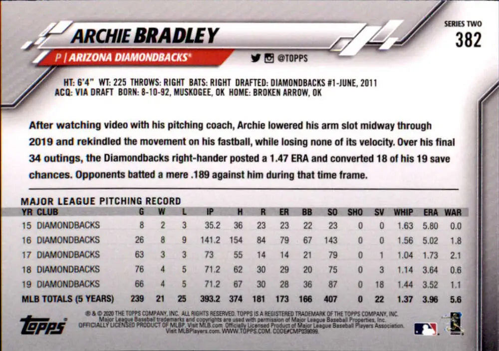 2020 Topps #382 Archie Bradley NM-MT Arizona Diamondbacks Baseball Card - Baseball Card Single
