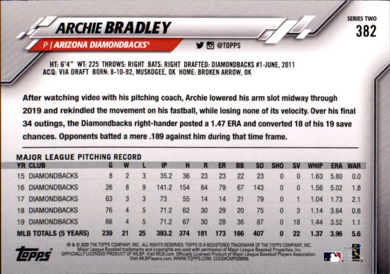 2020 Topps #382 Archie Bradley NM-MT Arizona Diamondbacks Baseball Card - Baseball Card Single