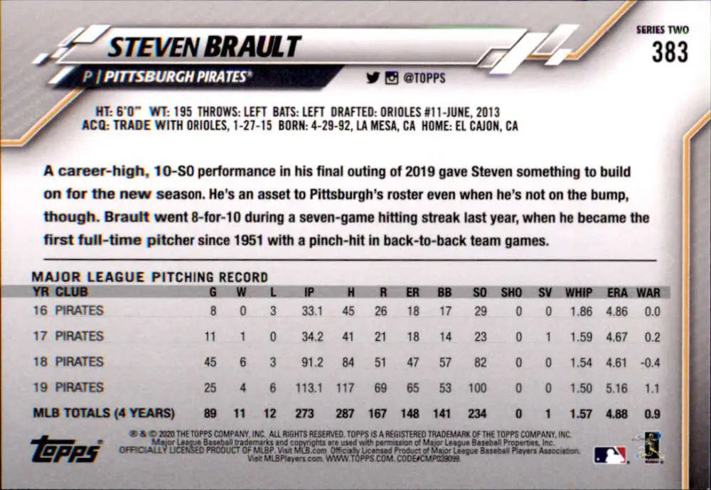2020 Topps #383 Steven Brault NM-MT Pittsburgh Pirates Baseball Card - Baseball Card Single