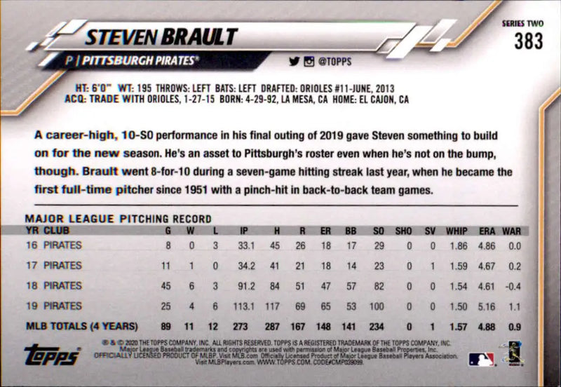 2020 Topps #383 Steven Brault NM-MT Pittsburgh Pirates Baseball Card - Baseball Card Single
