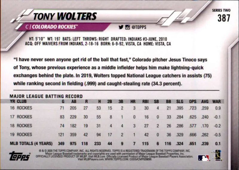 2020 Topps #387 Tony Wolters NM-MT Colorado Rockies Baseball Card - Baseball Card Single