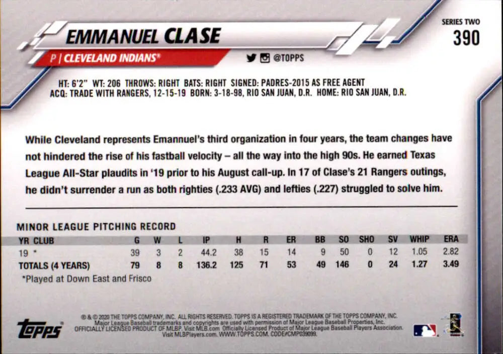 2020 Topps #390 Emmanuel Clase NM-MT RC Rookie Cleveland Indians Baseball Card - Baseball Card Single