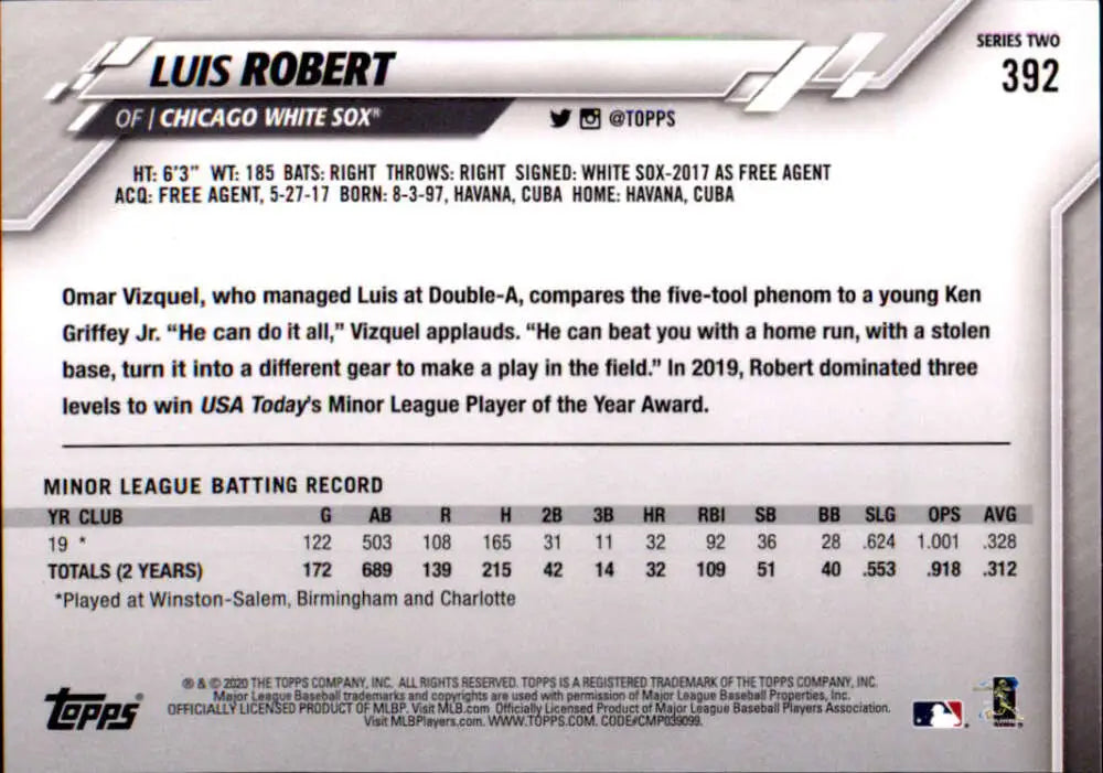 2020 Topps #392 Luis Robert NM-MT RC Rookie Chicago White Sox Baseball Card - Baseball Card Single