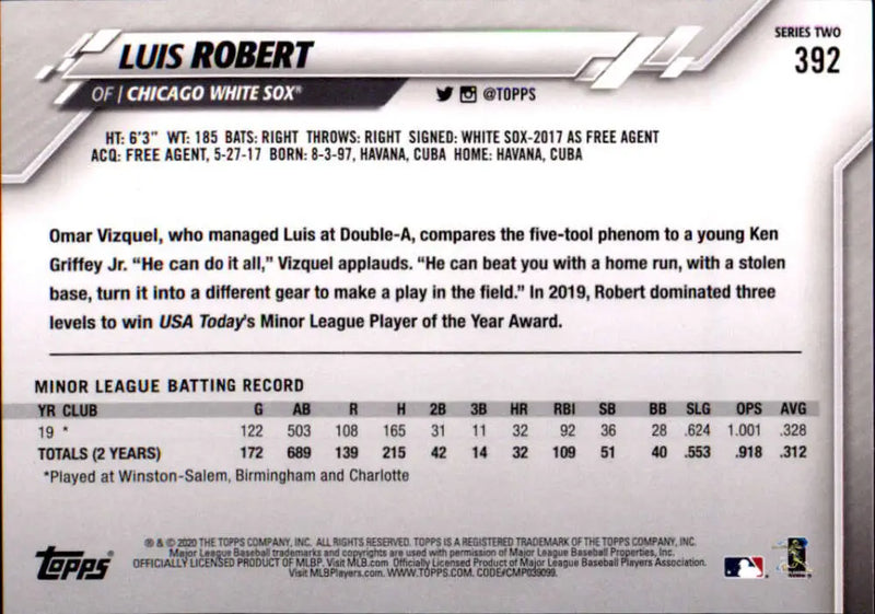 2020 Topps #392 Luis Robert NM-MT RC Rookie Chicago White Sox Baseball Card - Baseball Card Single
