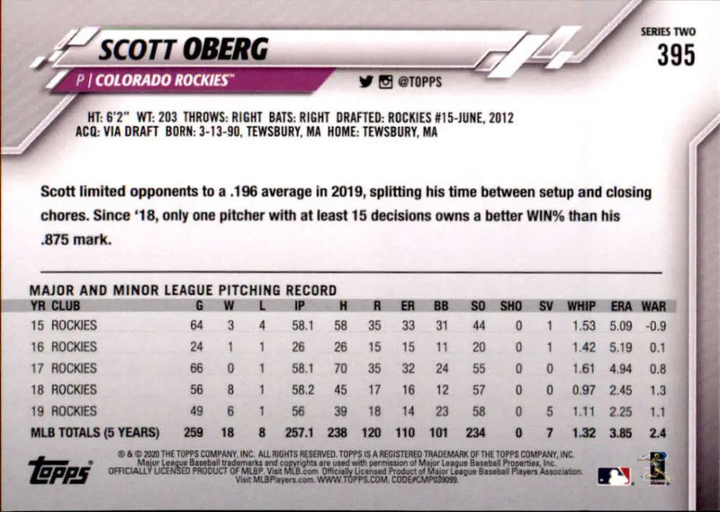2020 Topps #395 Scott Oberg NM-MT Colorado Rockies Baseball Card - Baseball Card Single