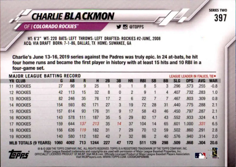 2020 Topps #397 Charlie Blackmon NM-MT Colorado Rockies Baseball Card - Baseball Card Single