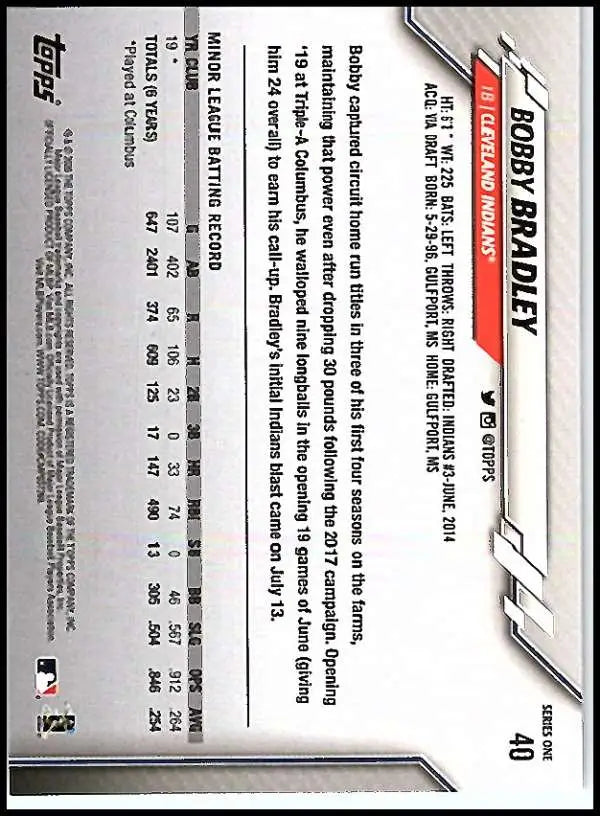 2020 Topps #40 Bobby Bradley NM-MT RC Rookie Cleveland Indians Baseball Card - Baseball Card Single