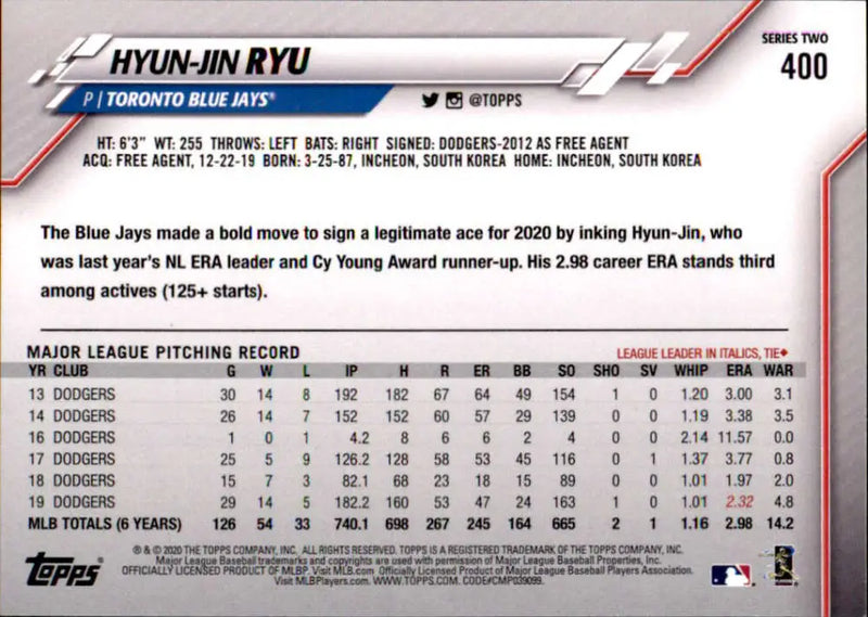 2020 Topps #400 Hyun-Jin Ryu NM-MT Toronto Blue Jays Baseball Card - Baseball Card Single