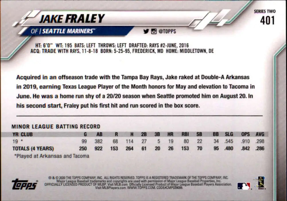 2020 Topps #401 Jake Fraley NM-MT RC Rookie Seattle Mariners Baseball Card - Baseball Card Single