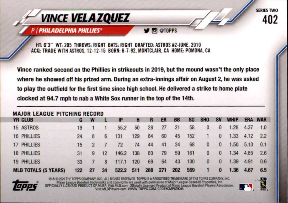 2020 Topps #402 Vince Velazquez NM-MT Philadelphia Phillies Baseball Card - Baseball Card Single