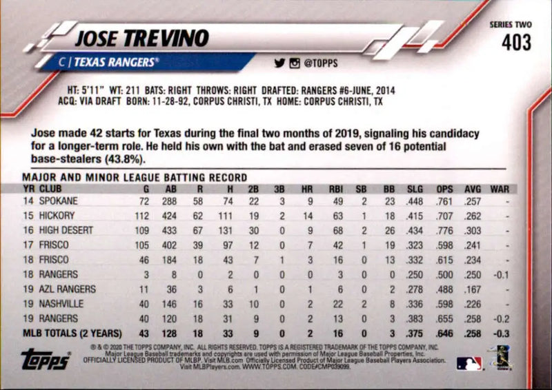 2020 Topps #403 Jose Trevino NM-MT Texas Rangers Baseball Card - Baseball Card Single