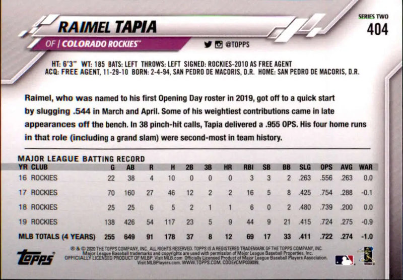 2020 Topps #404 Raimel Tapia NM-MT Colorado Rockies Baseball Card - Baseball Card Single