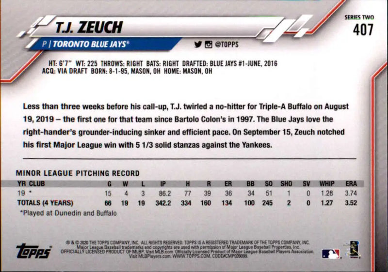 2020 Topps #407 T.J. Zeuch NM-MT RC Rookie Toronto Blue Jays Baseball Card - Baseball Card Single