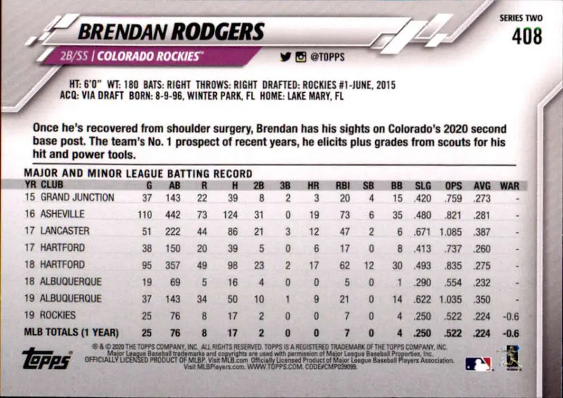 2020 Topps #408 Brendan Rodgers NM-MT Colorado Rockies Baseball Card - Baseball Card Single