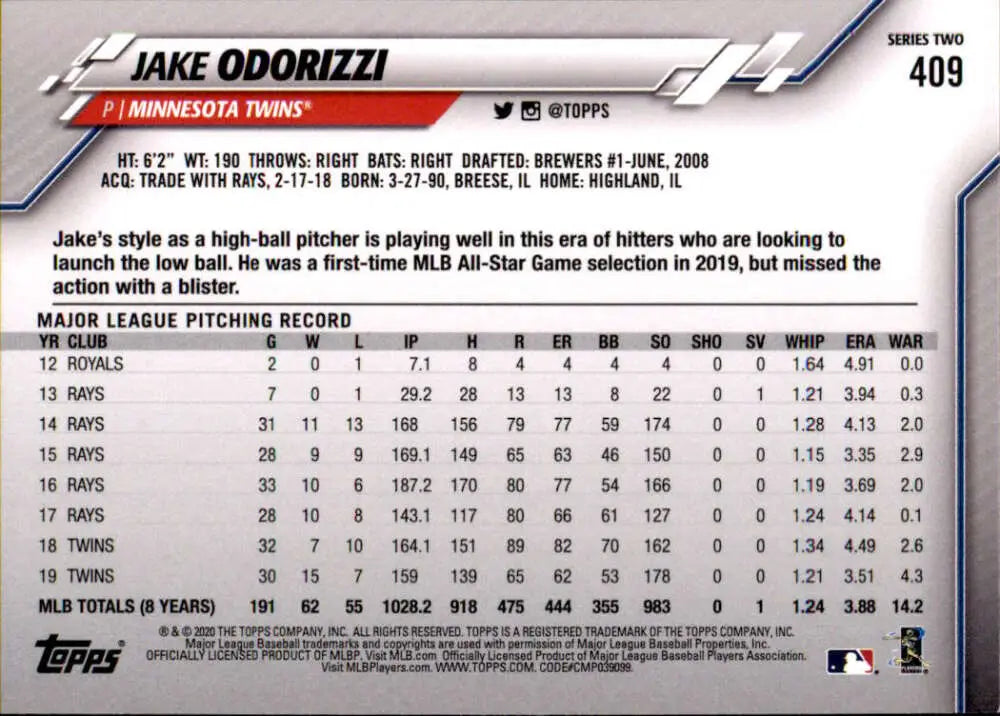 2020 Topps #409 Jake Odorizzi NM-MT Minnesota Twins Baseball Card - Baseball Card Single