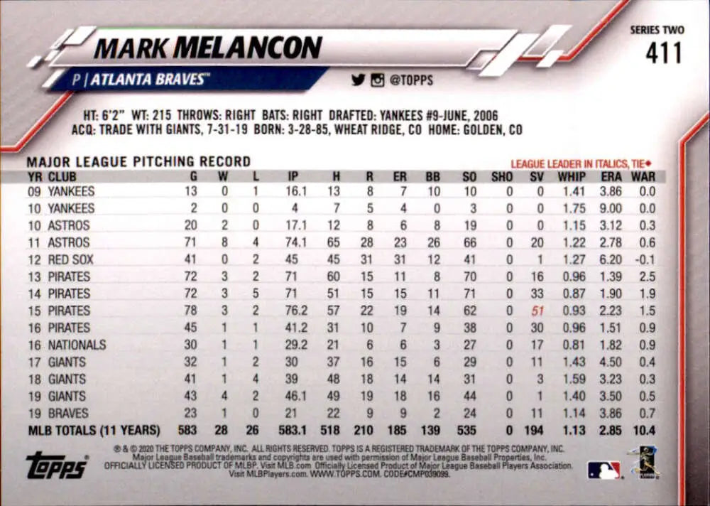 2020 Topps #411 Mark Melancon NM-MT Atlanta Braves Baseball Card - Baseball Card Single