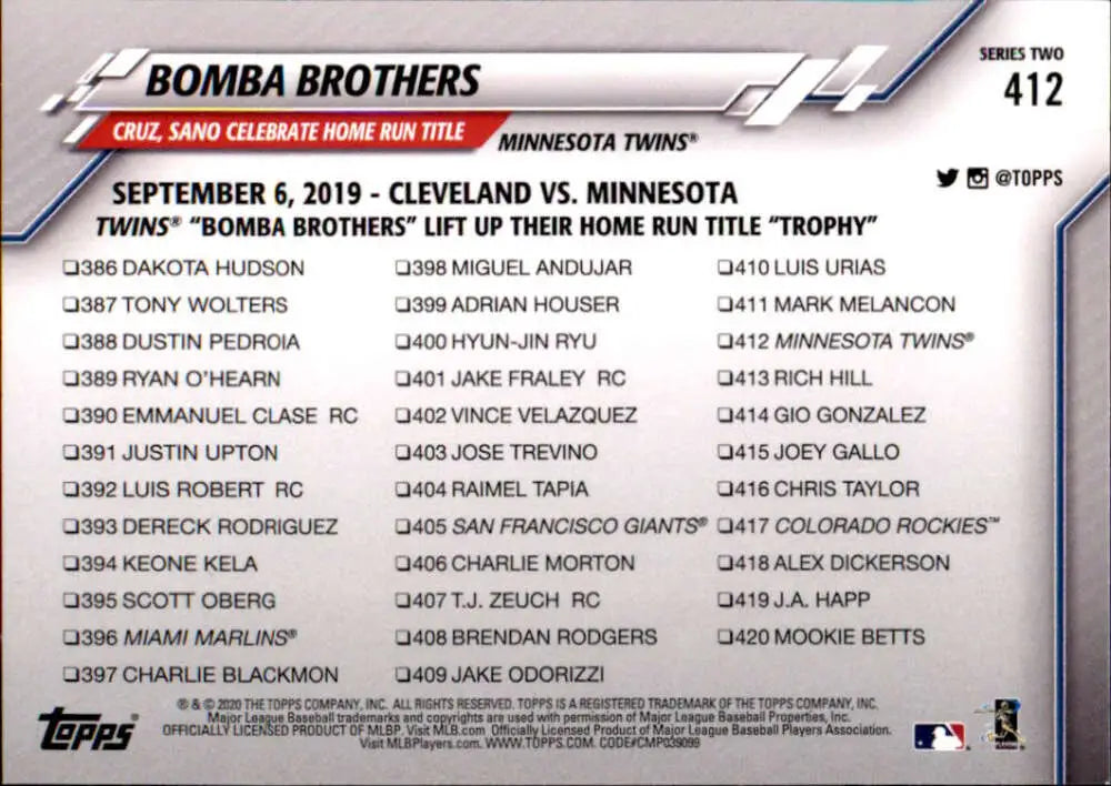 2020 Topps #412 Bomba Brothers NM-MT Minnesota Twins Baseball Card - Baseball Card Single