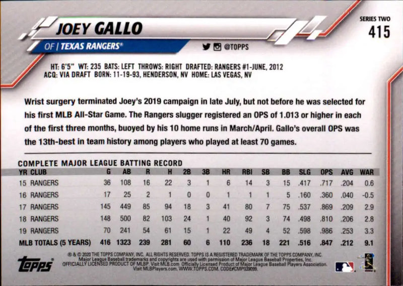 2020 Topps #415 Joey Gallo NM-MT Texas Rangers Baseball Card - Baseball Card Single