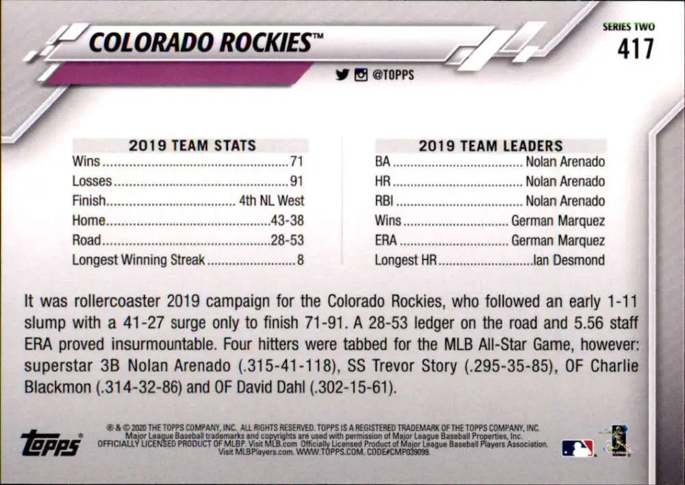 2020 Topps #417 Colorado Rockies NM-MT Colorado Rockies Baseball Card - Baseball Card Single