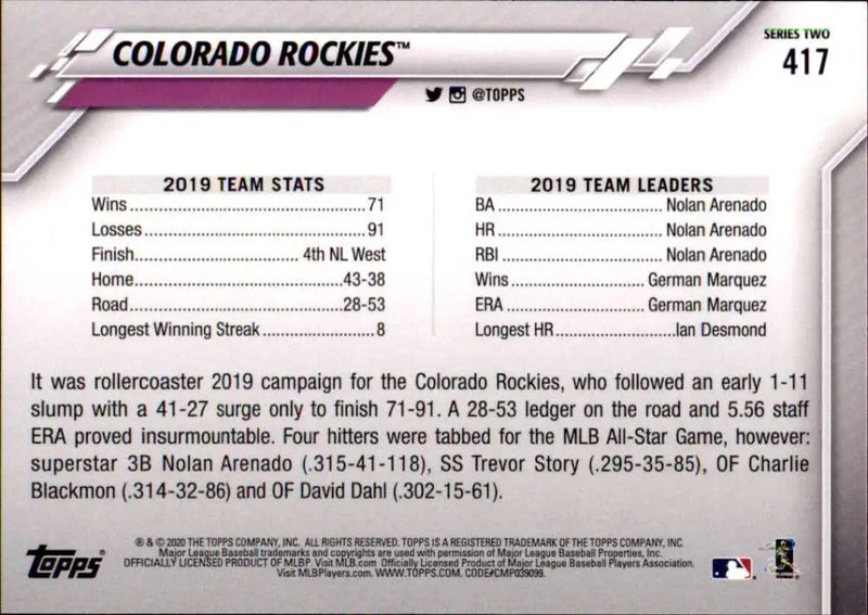 2020 Topps #417 Colorado Rockies NM-MT Colorado Rockies Baseball Card - Baseball Card Single