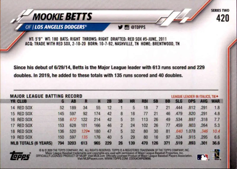 2020 Topps #420 Mookie Betts NM-MT Los Angeles Dodgers Baseball Card - Baseball Card Single