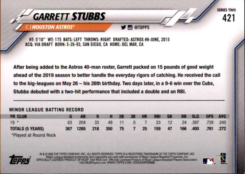 2020 Topps #421 Garrett Stubbs NM-MT RC Rookie Houston Astros Baseball Card - Baseball Card Single