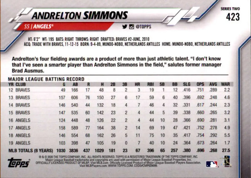 2020 Topps #423 Andrelton Simmons NM-MT Los Angeles Angels Baseball Card - Baseball Card Single
