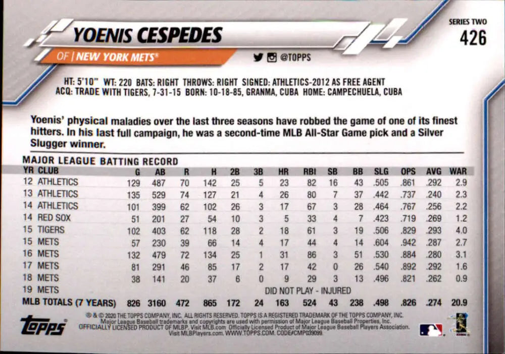2020 Topps #426 Yoenis Cespedes NM-MT New York Mets Baseball Card - Baseball Card Single