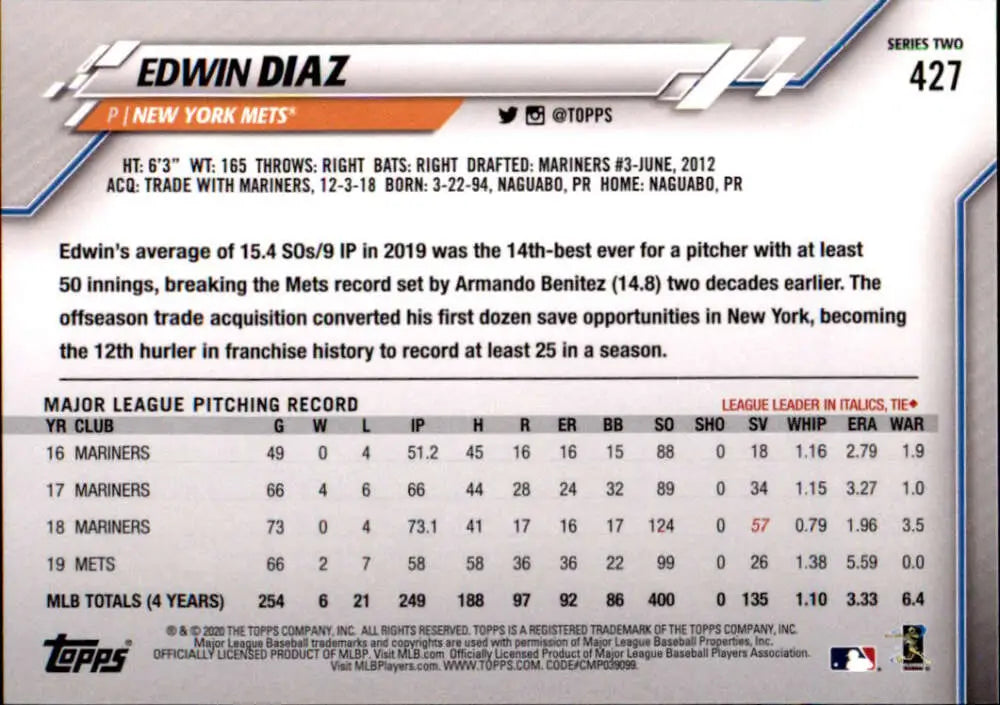 2020 Topps #427 Edwin Diaz NM-MT New York Mets Baseball Card - Baseball Card Single