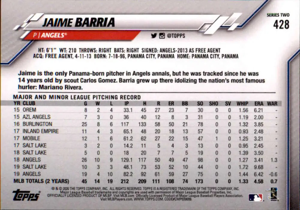 2020 Topps #428 Jaime Barria NM-MT Los Angeles Angels Baseball Card - Baseball Card Single