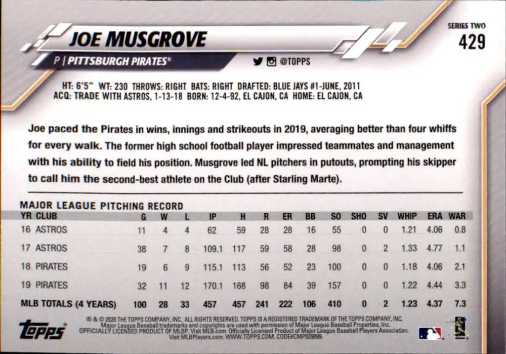 2020 Topps #429 Joe Musgrove NM-MT Pittsburgh Pirates Baseball Card - Baseball Card Single