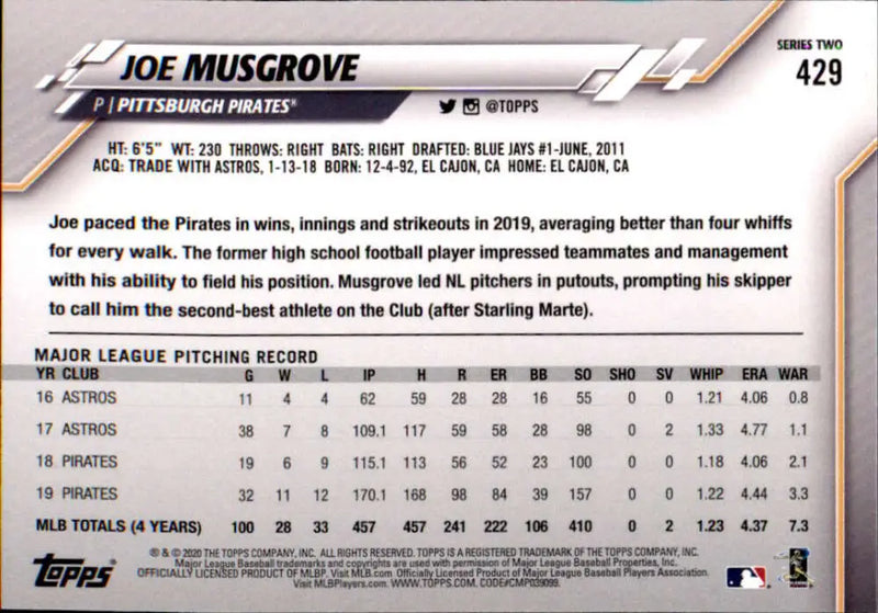 2020 Topps #429 Joe Musgrove NM-MT Pittsburgh Pirates Baseball Card - Baseball Card Single