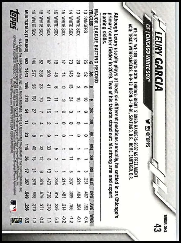 2020 Topps #43 Leury Garcia NM-MT Chicago White Sox Baseball Card - Baseball Card Single