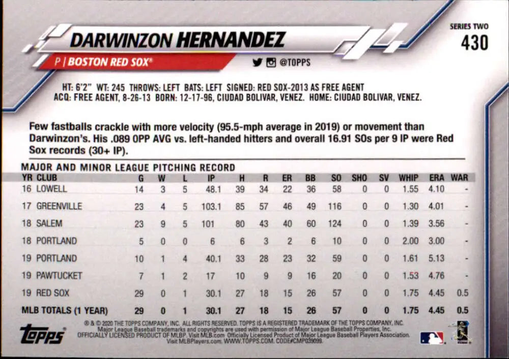 2020 Topps #430 Darwinzon Hernandez NM-MT Boston Red Sox Baseball Card - Baseball Card Single