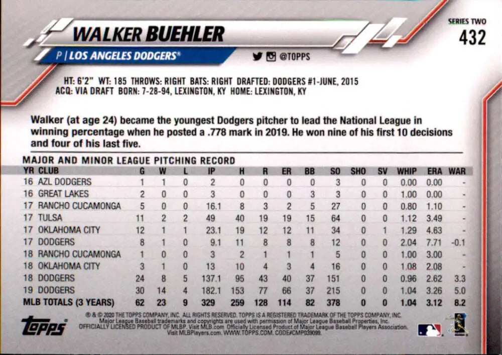 2020 Topps #432 Walker Buehler NM-MT Los Angeles Dodgers Baseball Card - Baseball Card Single