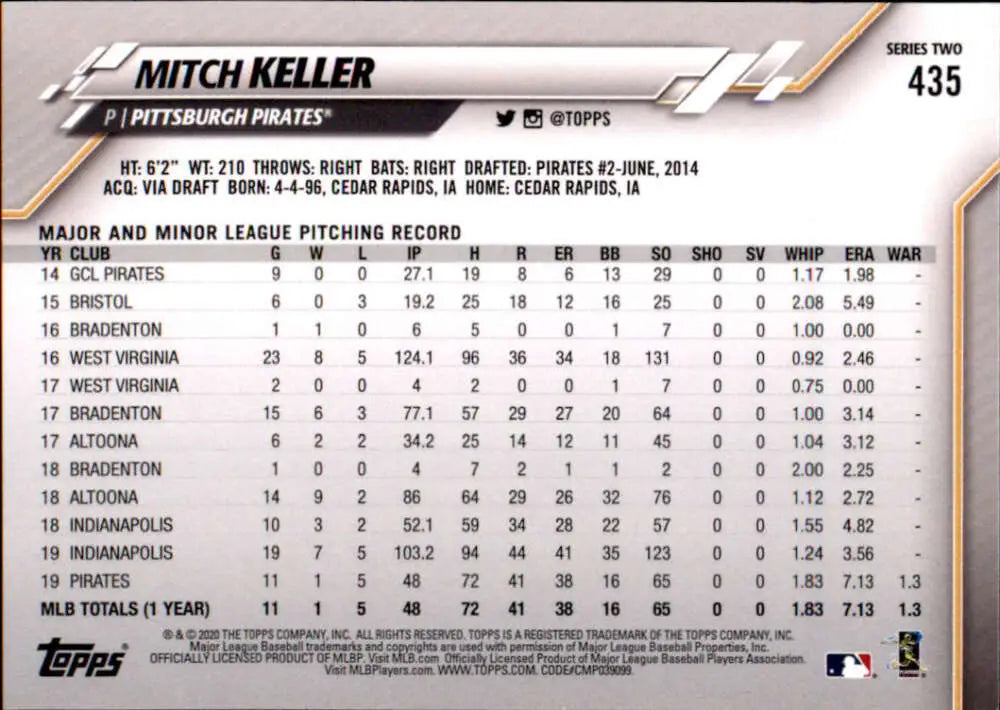 2020 Topps #435 Mitch Keller NM-MT Pittsburgh Pirates Baseball Card - Baseball Card Single