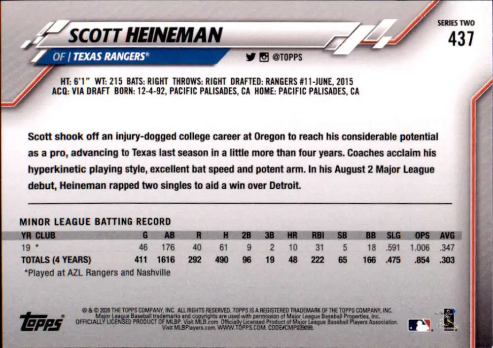 2020 Topps #437 Scott Heineman NM-MT RC Rookie Texas Rangers Baseball Card - Baseball Card Single