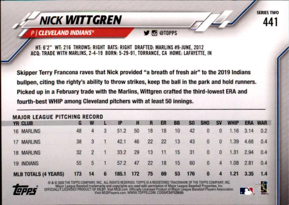 2020 Topps #441 Nick Wittgren NM-MT Cleveland Indians Baseball Card - Baseball Card Single