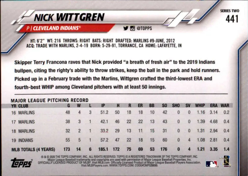 2020 Topps #441 Nick Wittgren NM-MT Cleveland Indians Baseball Card - Baseball Card Single