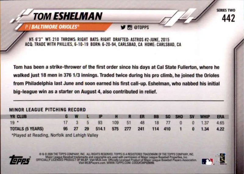 2020 Topps #442 Tom Eshelman NM-MT RC Rookie Baltimore Orioles Baseball Card - Baseball Card Single